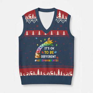 It's Ok To Be Different Autism Awareness V-Neck Knit Sweater Vest Rainbow Giraffe Puzzle TS11 Navy Red Print Your Wear