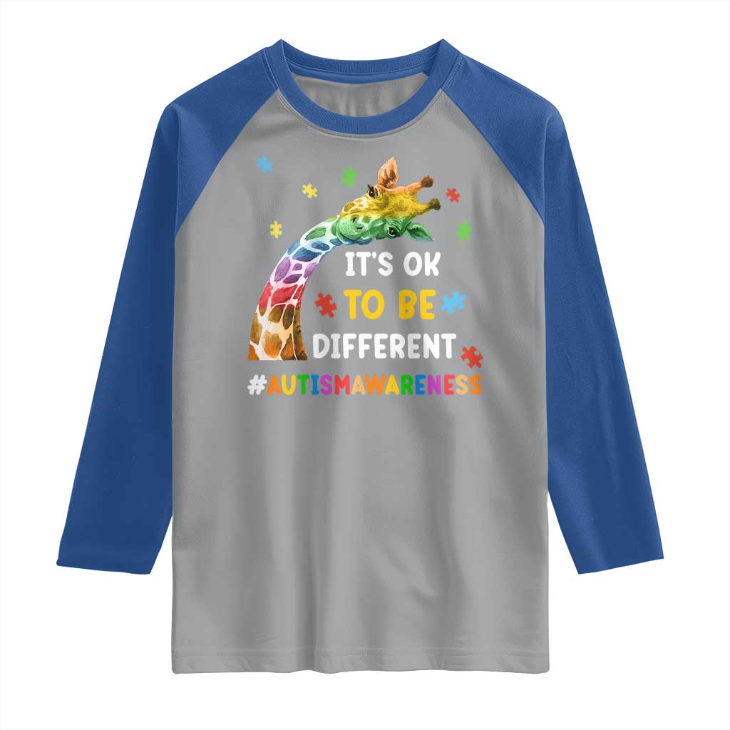 It's Ok To Be Different Autism Awareness Raglan Shirt Rainbow Giraffe Puzzle TS11 Sport Gray Royal Print Your Wear