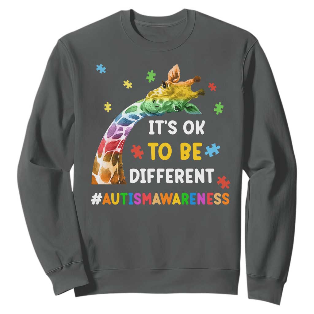 It's Ok To Be Different Autism Awareness Sweatshirt Rainbow Giraffe Puzzle TS11 Dark Heather Print Your Wear