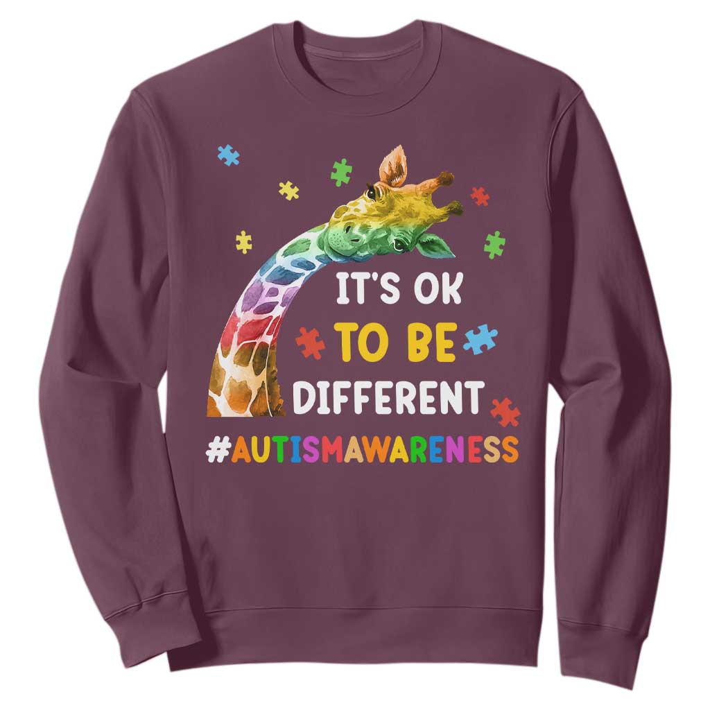 It's Ok To Be Different Autism Awareness Sweatshirt Rainbow Giraffe Puzzle TS11 Maroon Print Your Wear