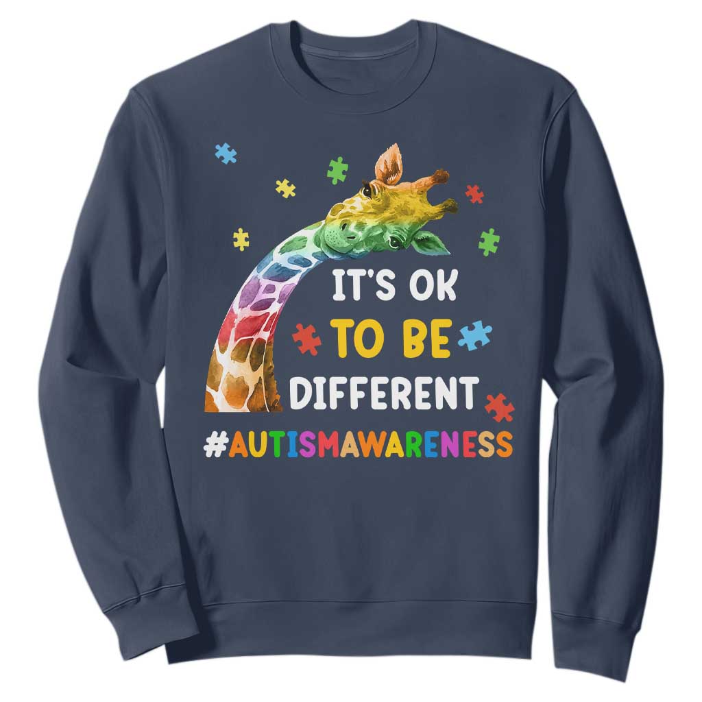 It's Ok To Be Different Autism Awareness Sweatshirt Rainbow Giraffe Puzzle TS11 Navy Print Your Wear