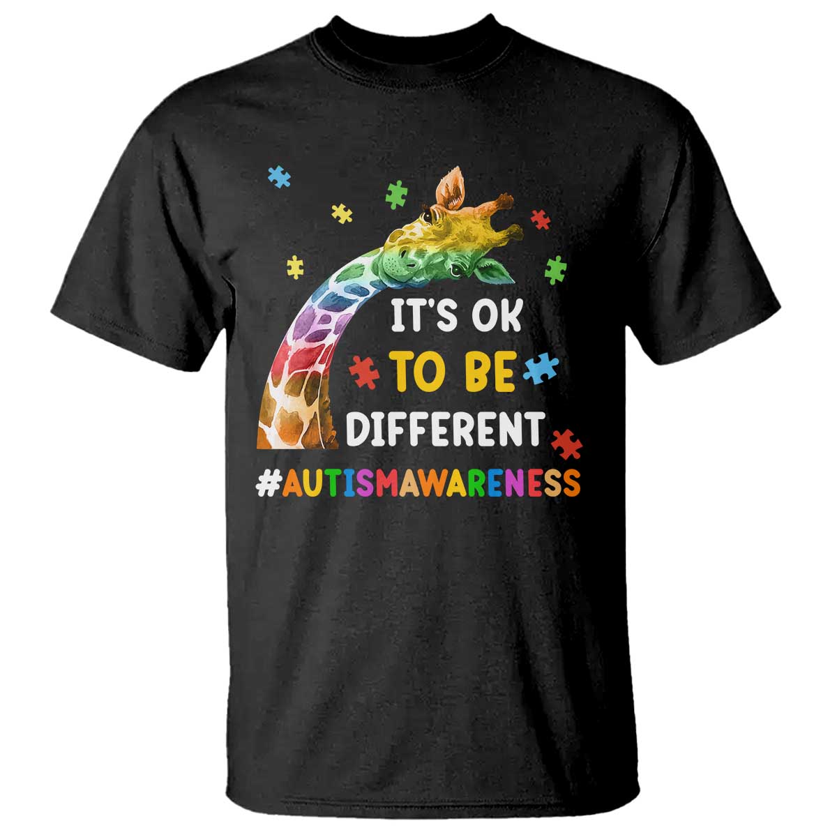 It's Ok To Be Different Autism Awareness T Shirt Rainbow Giraffe Puzzle TS11 Black Print Your Wear