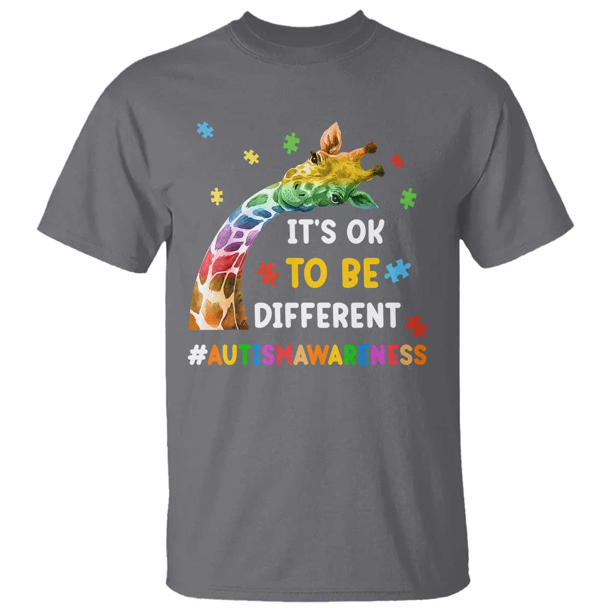 It's Ok To Be Different Autism Awareness T Shirt Rainbow Giraffe Puzzle TS11 Charcoal Print Your Wear