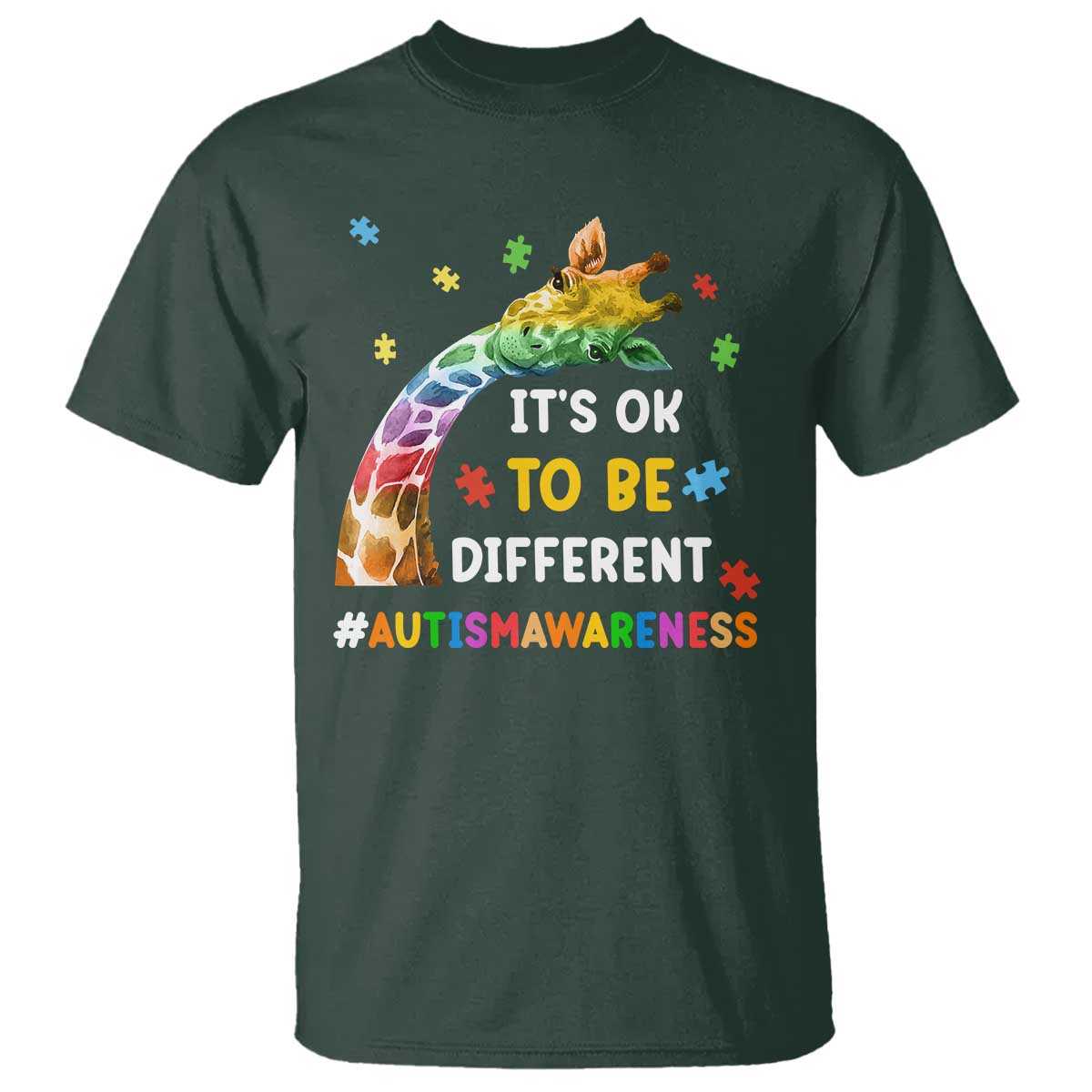 It's Ok To Be Different Autism Awareness T Shirt Rainbow Giraffe Puzzle TS11 Dark Forest Green Print Your Wear