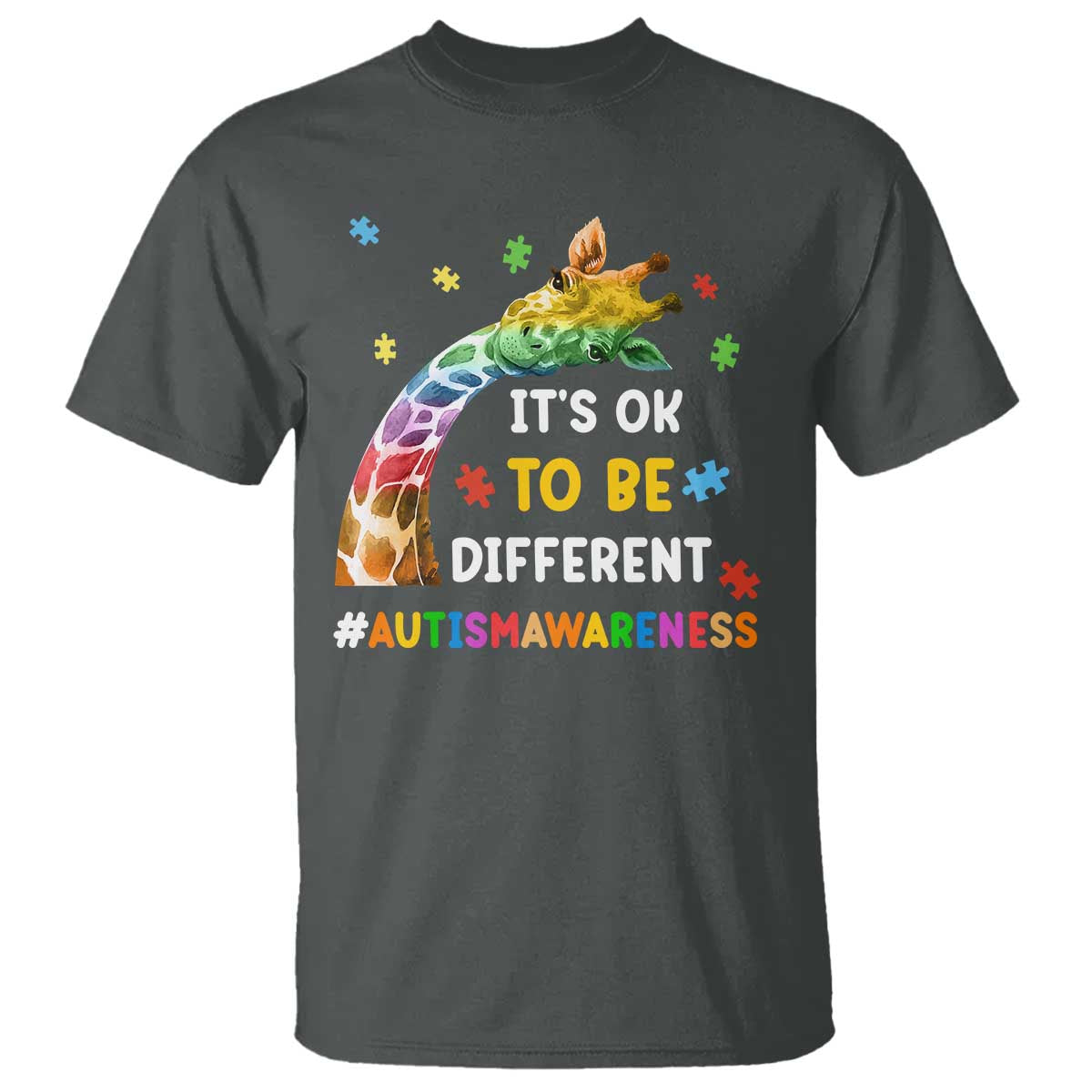It's Ok To Be Different Autism Awareness T Shirt Rainbow Giraffe Puzzle TS11 Dark Heather Print Your Wear