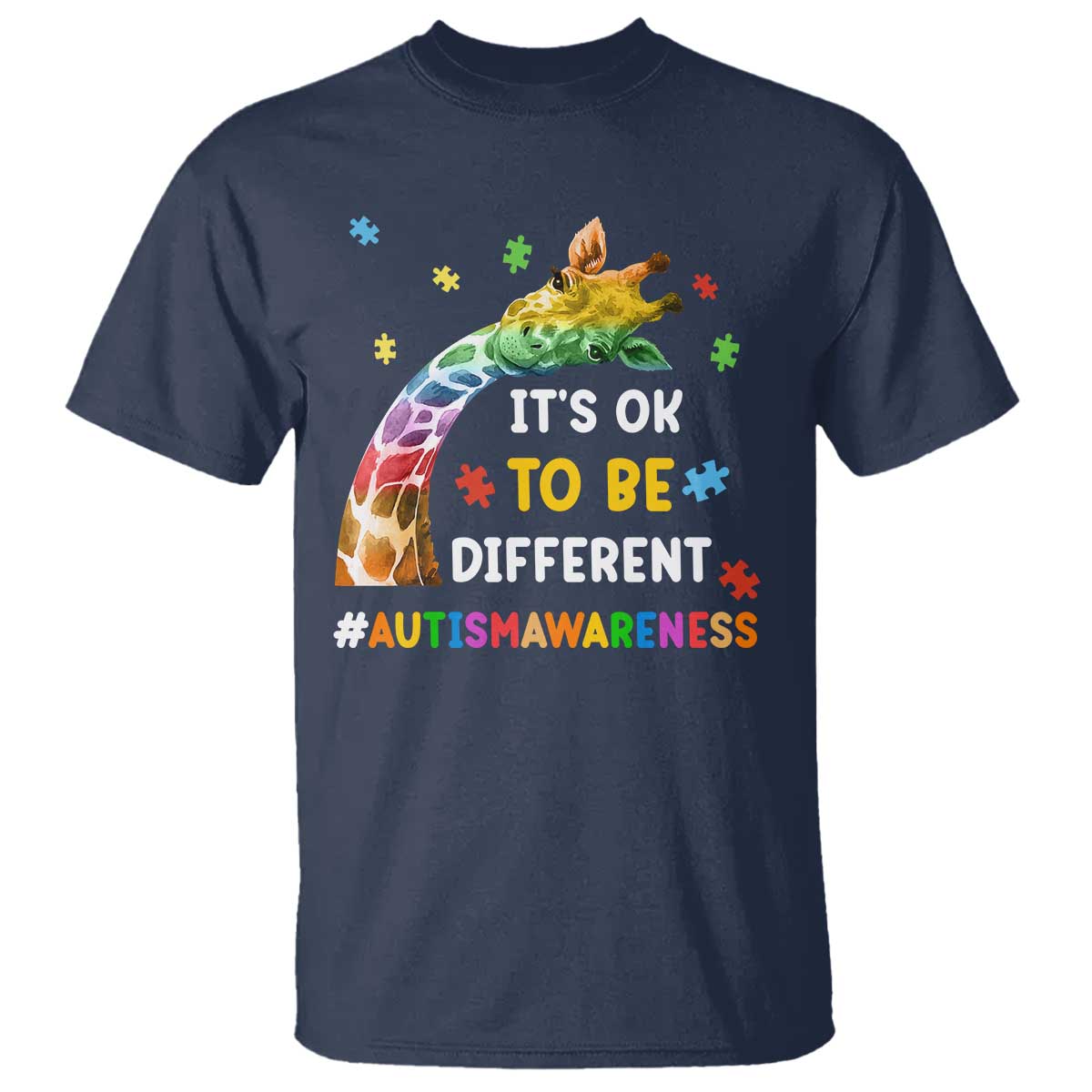 It's Ok To Be Different Autism Awareness T Shirt Rainbow Giraffe Puzzle TS11 Navy Print Your Wear