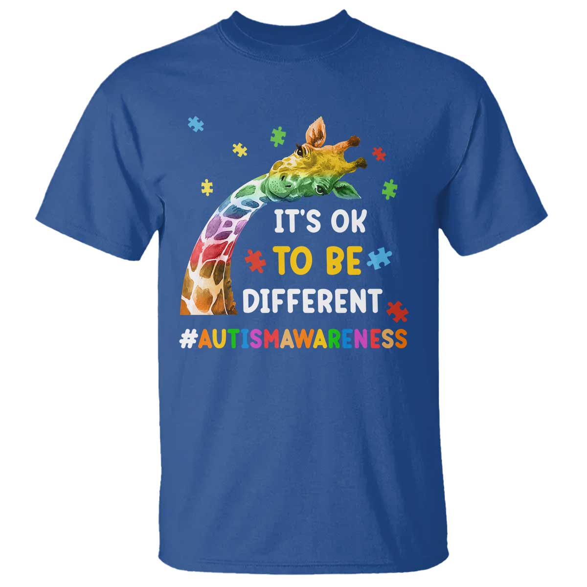 It's Ok To Be Different Autism Awareness T Shirt Rainbow Giraffe Puzzle TS11 Royal Blue Print Your Wear