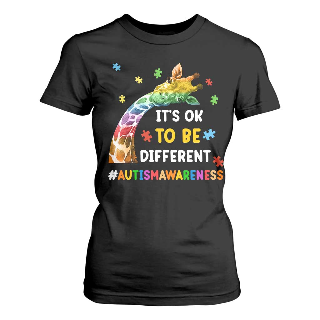 It's Ok To Be Different Autism Awareness T Shirt For Women Rainbow Giraffe Puzzle TS11 Black Print Your Wear
