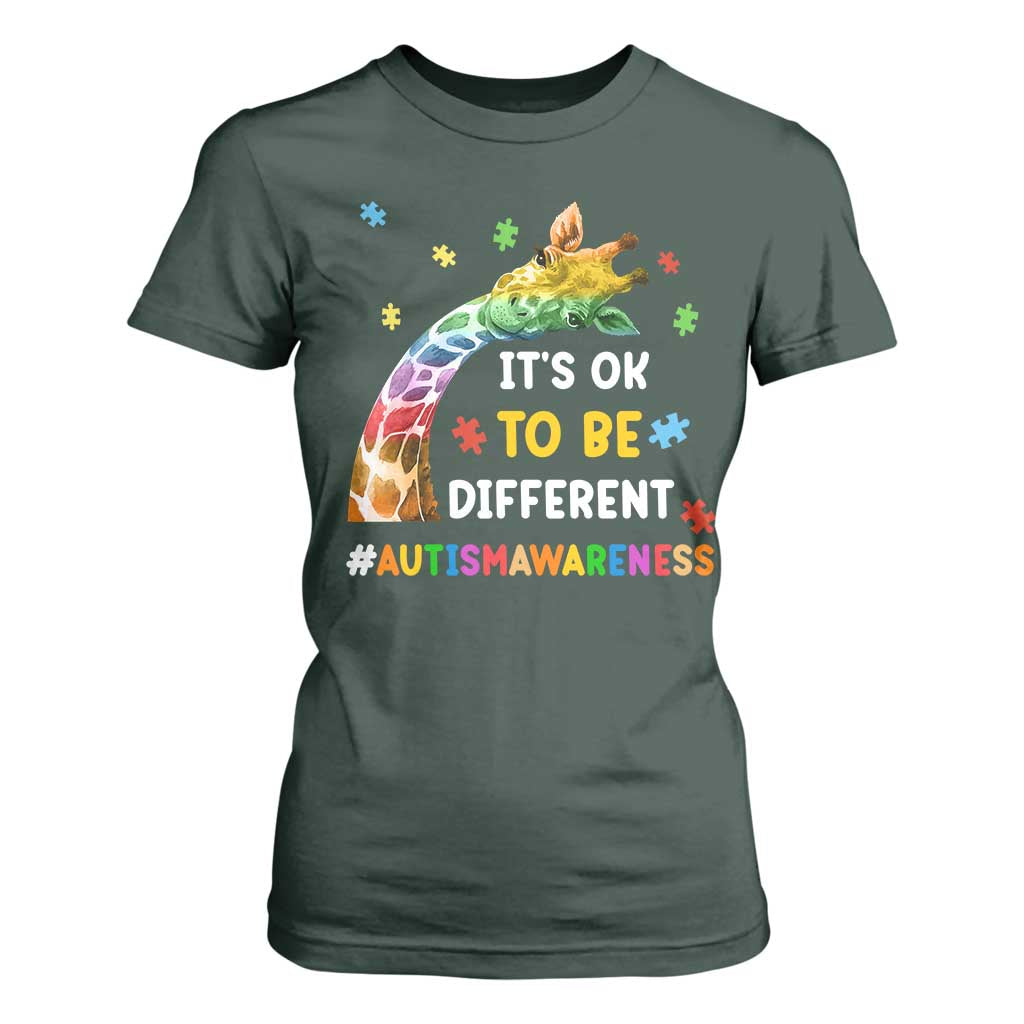 It's Ok To Be Different Autism Awareness T Shirt For Women Rainbow Giraffe Puzzle TS11 Dark Forest Green Print Your Wear