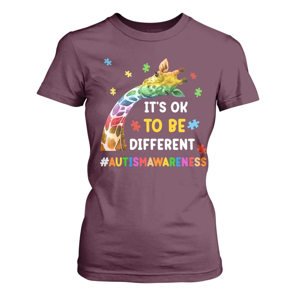 It's Ok To Be Different Autism Awareness T Shirt For Women Rainbow Giraffe Puzzle TS11 Maroon Print Your Wear