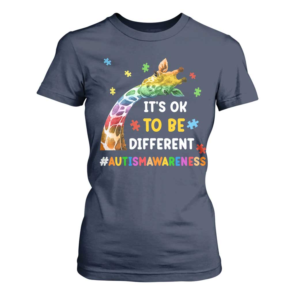 It's Ok To Be Different Autism Awareness T Shirt For Women Rainbow Giraffe Puzzle TS11 Navy Print Your Wear