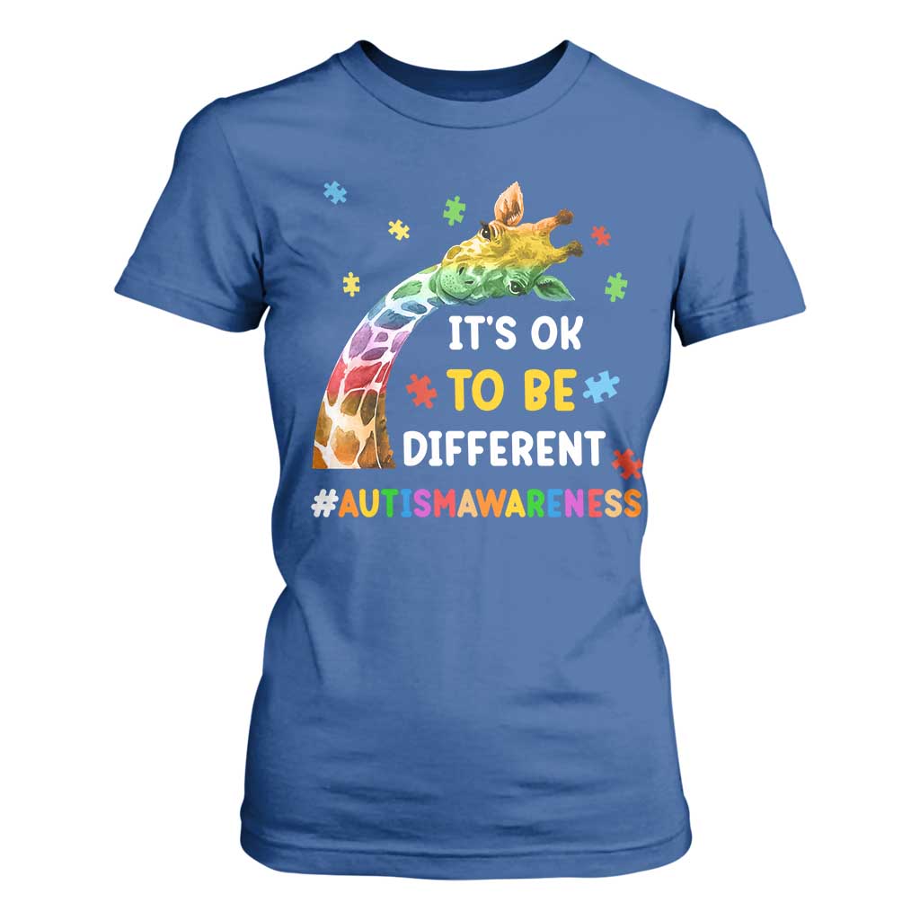 It's Ok To Be Different Autism Awareness T Shirt For Women Rainbow Giraffe Puzzle TS11 Royal Blue Print Your Wear