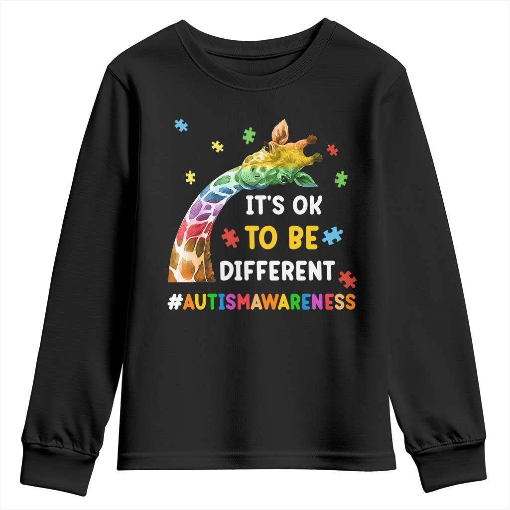 It's Ok To Be Different Autism Awareness Youth Sweatshirt Rainbow Giraffe Puzzle TS11 Black Print Your Wear