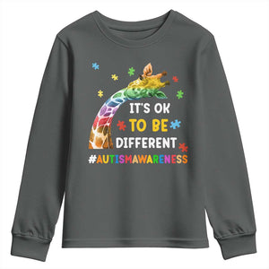 It's Ok To Be Different Autism Awareness Youth Sweatshirt Rainbow Giraffe Puzzle TS11 Dark Heather Print Your Wear