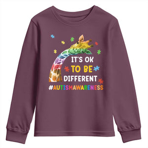 It's Ok To Be Different Autism Awareness Youth Sweatshirt Rainbow Giraffe Puzzle TS11 Maroon Print Your Wear
