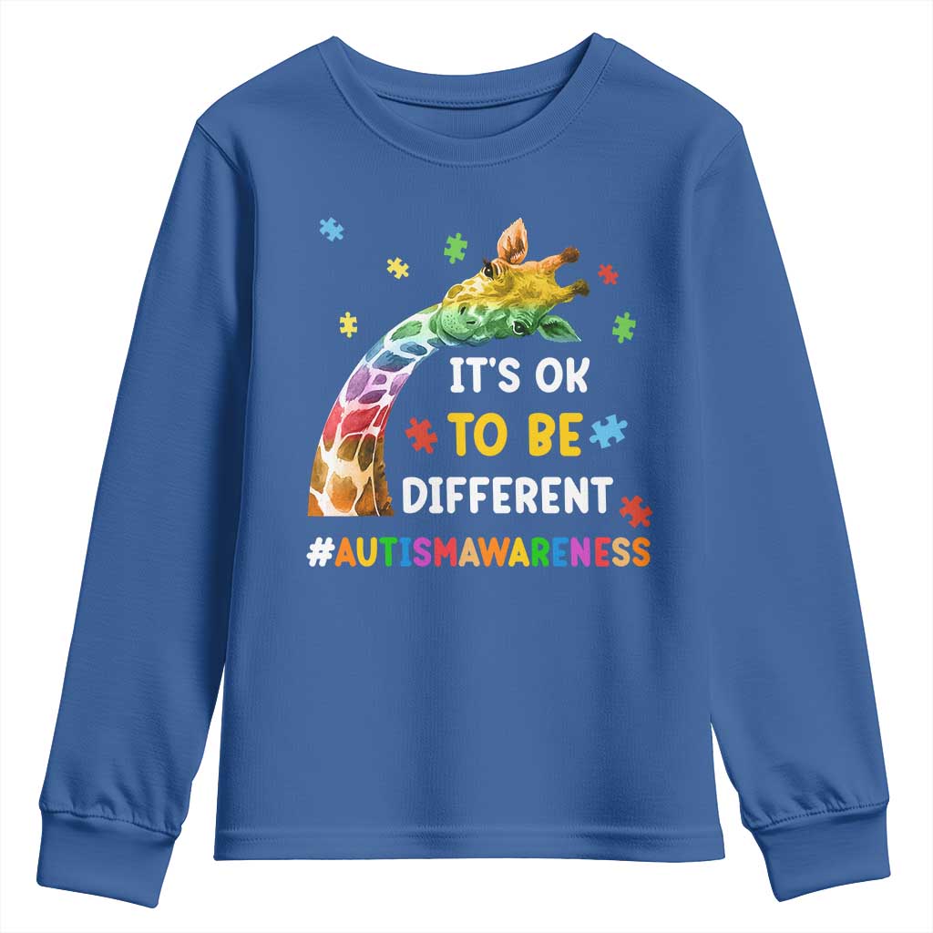 It's Ok To Be Different Autism Awareness Youth Sweatshirt Rainbow Giraffe Puzzle TS11 Royal Blue Print Your Wear