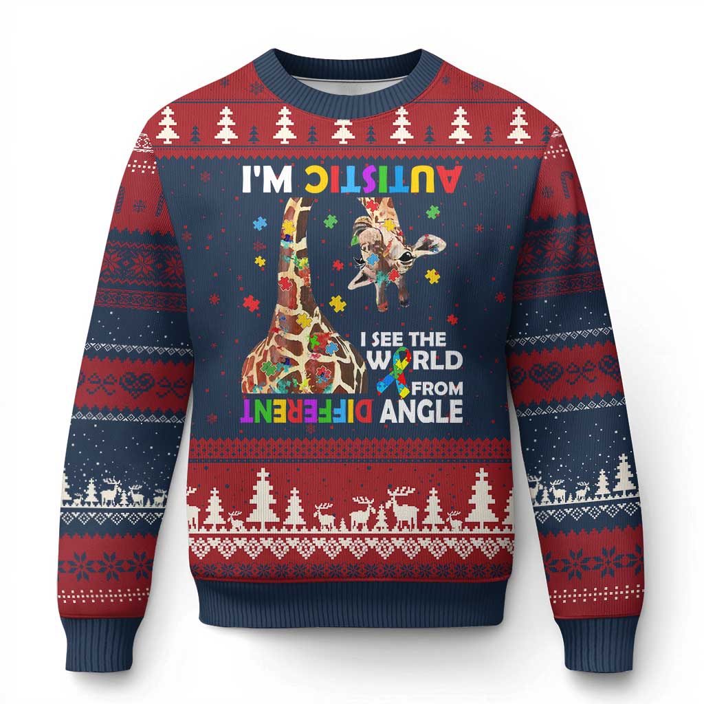 Funny I'm Autistic I See The World Form Different Angle Ugly Christmas Sweater Puzzle Giraffe TS11 Navy Red Print Your Wear