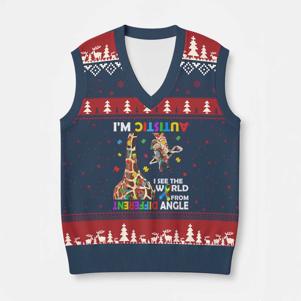Funny I'm Autistic I See The World Form Different Angle V-Neck Knit Sweater Vest Puzzle Giraffe TS11 Navy Red Print Your Wear