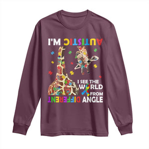 Funny I'm Autistic I See The World Form Different Angle Long Sleeve Shirt Puzzle Giraffe TS11 Maroon Print Your Wear