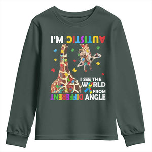 Funny I'm Autistic I See The World Form Different Angle Youth Sweatshirt Puzzle Giraffe TS11 Dark Forest Green Print Your Wear