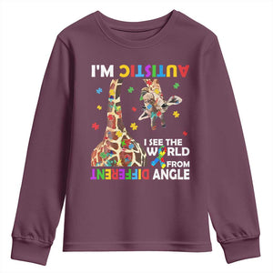 Funny I'm Autistic I See The World Form Different Angle Youth Sweatshirt Puzzle Giraffe TS11 Maroon Print Your Wear