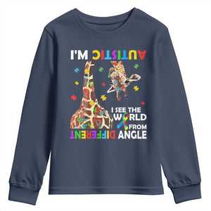 Funny I'm Autistic I See The World Form Different Angle Youth Sweatshirt Puzzle Giraffe TS11 Navy Print Your Wear