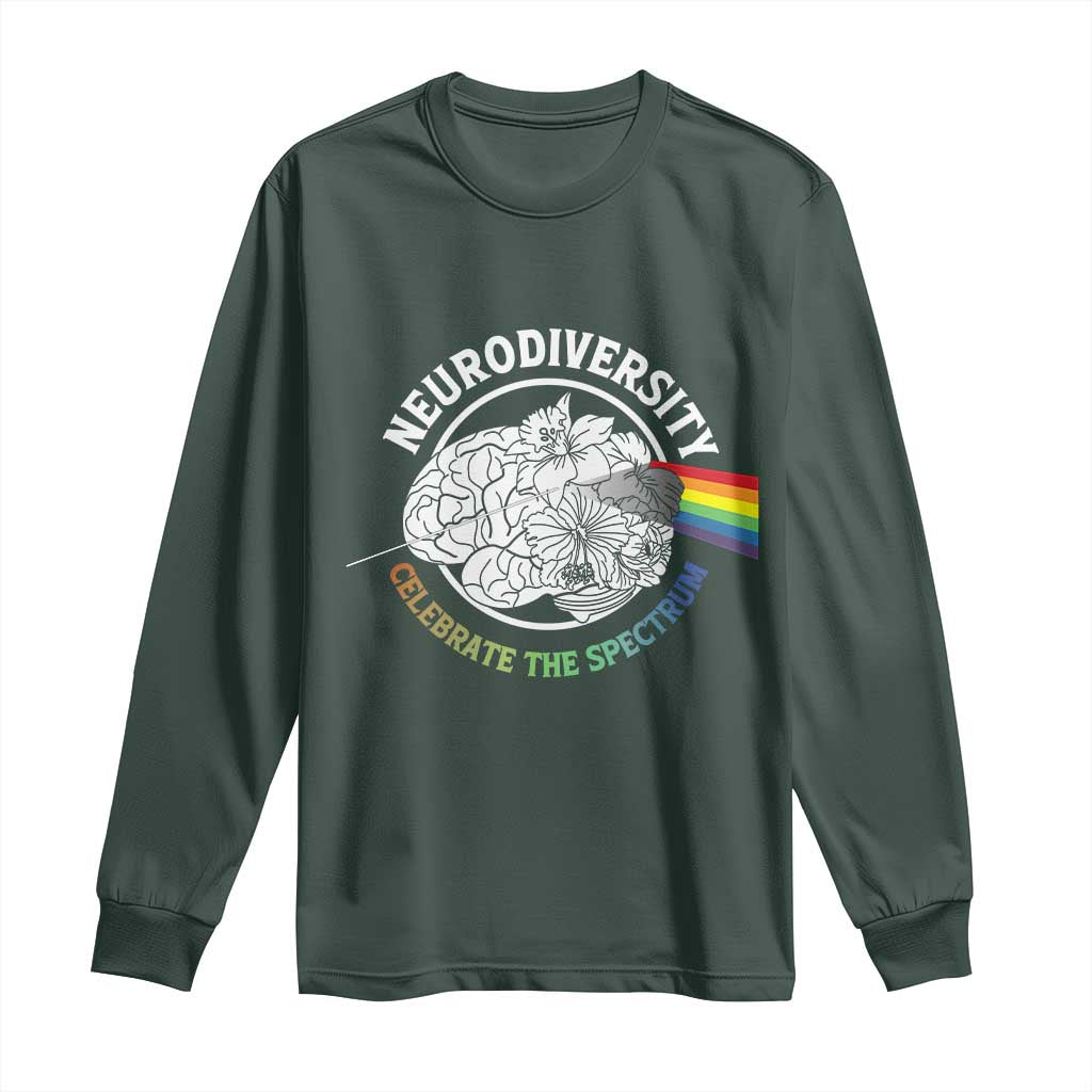 Neurodiversity Celebrate The Spectrum Long Sleeve Shirt Brain Autism Awareness ASD ADHD TS11 Dark Forest Green Print Your Wear