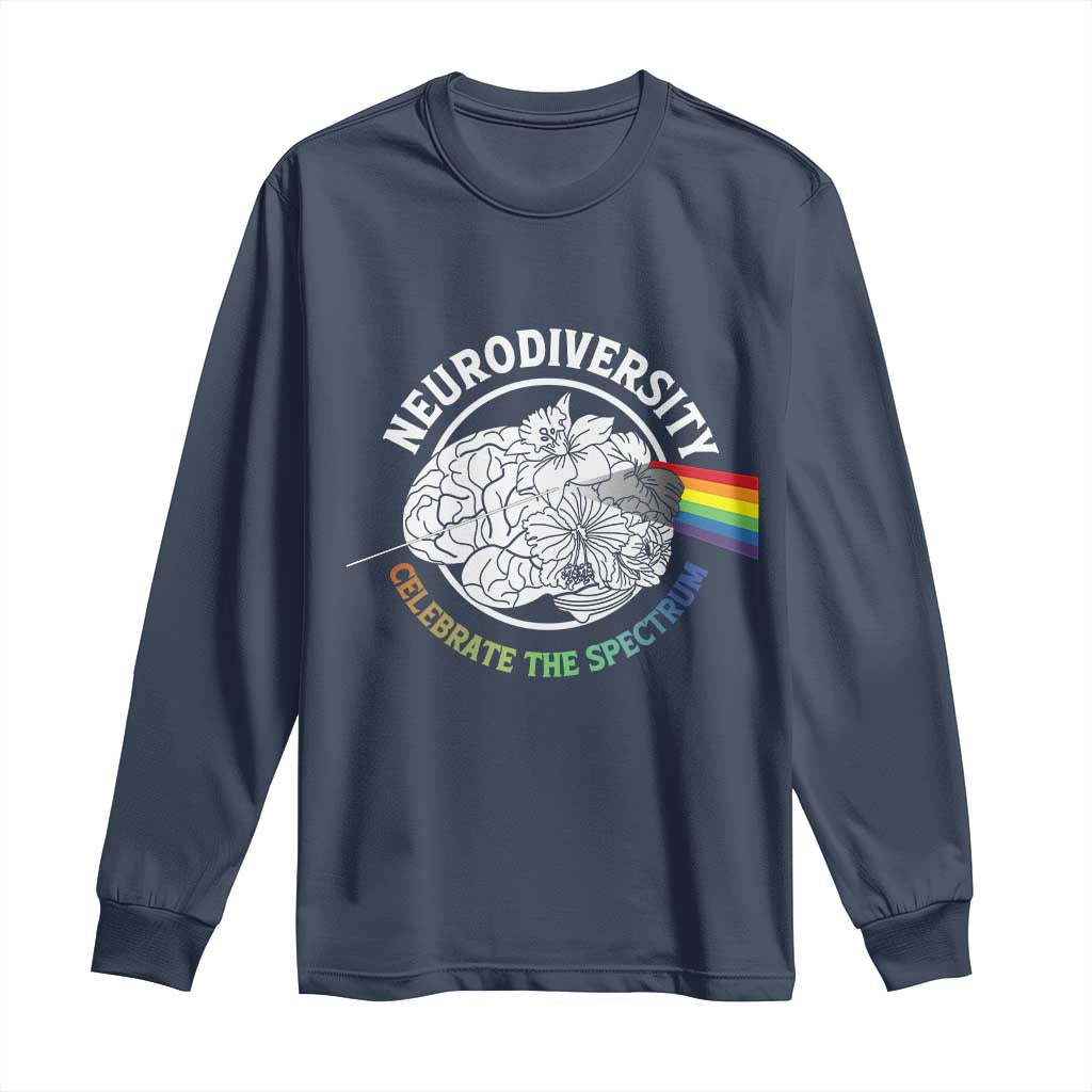 Neurodiversity Celebrate The Spectrum Long Sleeve Shirt Brain Autism Awareness ASD ADHD TS11 Navy Print Your Wear