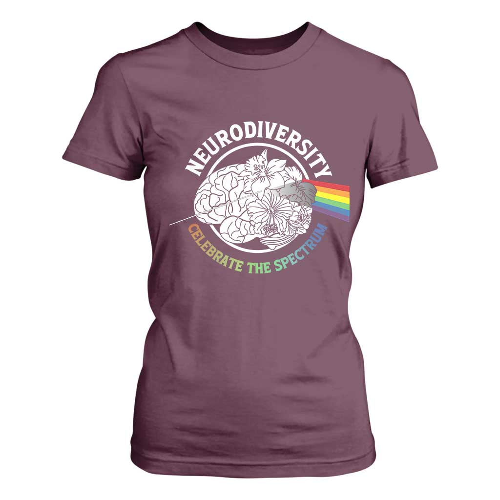 Neurodiversity Celebrate The Spectrum T Shirt For Women Brain Autism Awareness ASD ADHD TS11 Maroon Print Your Wear
