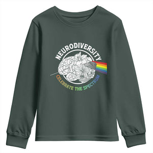 Neurodiversity Celebrate The Spectrum Youth Sweatshirt Brain Autism Awareness ASD ADHD TS11 Dark Forest Green Print Your Wear