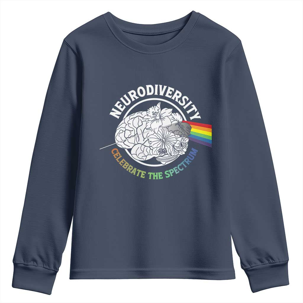 Neurodiversity Celebrate The Spectrum Youth Sweatshirt Brain Autism Awareness ASD ADHD TS11 Navy Print Your Wear