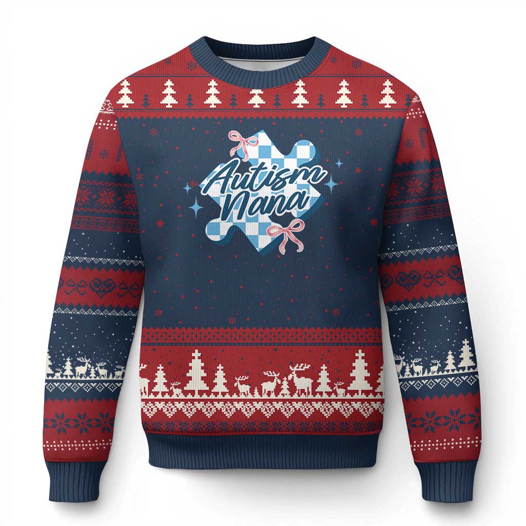 Autism Nana Coquette Puzzle Piece Pink Bow Ugly Christmas Sweater TS11 Navy Red Print Your Wear