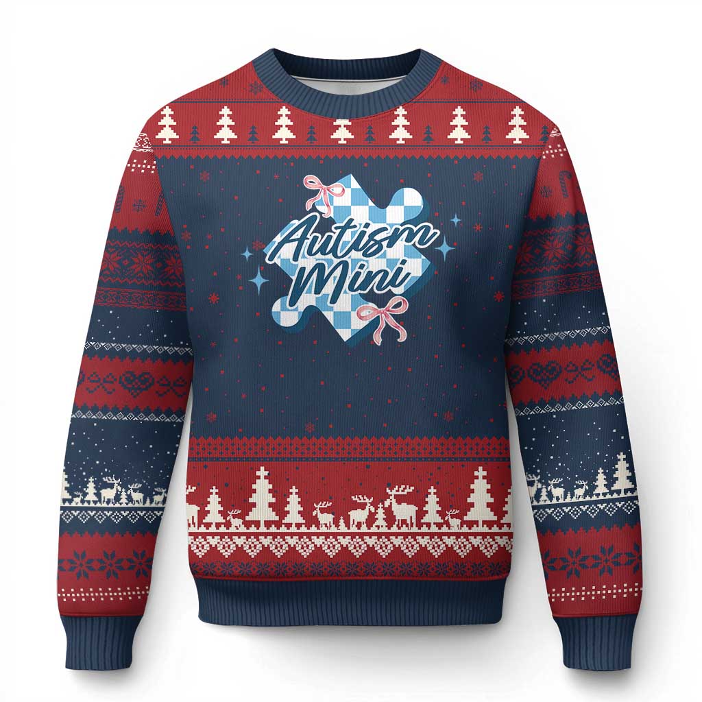 Autism Mini Coquette Puzzle Piece Pink Bow Ugly Christmas Sweater TS11 Navy Red Print Your Wear