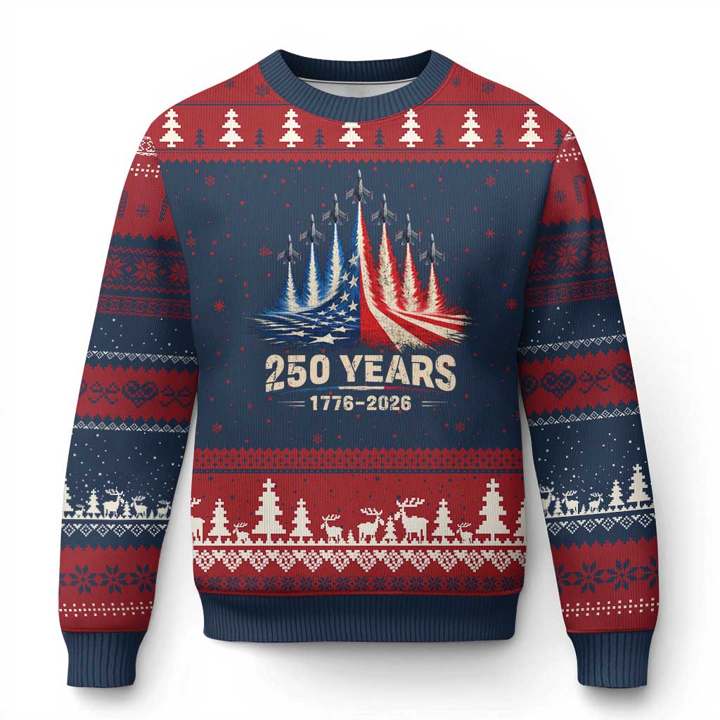 250 Years American 1776 2026 Ugly Christmas Sweater USA 250th Anniversary 4th of July US Flag Jets TS11 Navy Red Print Your Wear