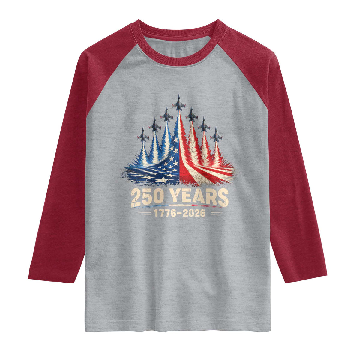 250 Years American 1776 2026 Raglan Shirt USA 250th Anniversary 4th of July US Flag Jets TS11 Heather Gray Heather Red Print Your Wear