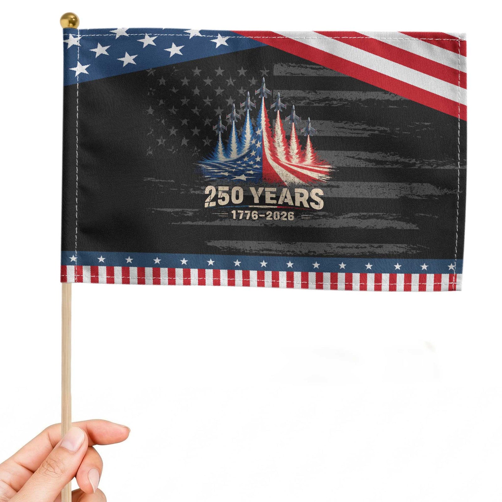 250 Years American 1776 2026 Patriotic Handheld Flag USA 250th Anniversary 4th of July US Flag Jets TS11 Distressed 8.2