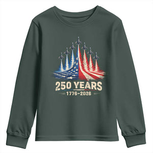 250 Years American 1776 2026 Youth Sweatshirt USA 250th Anniversary 4th of July US Flag Jets TS11 Dark Forest Green Print Your Wear