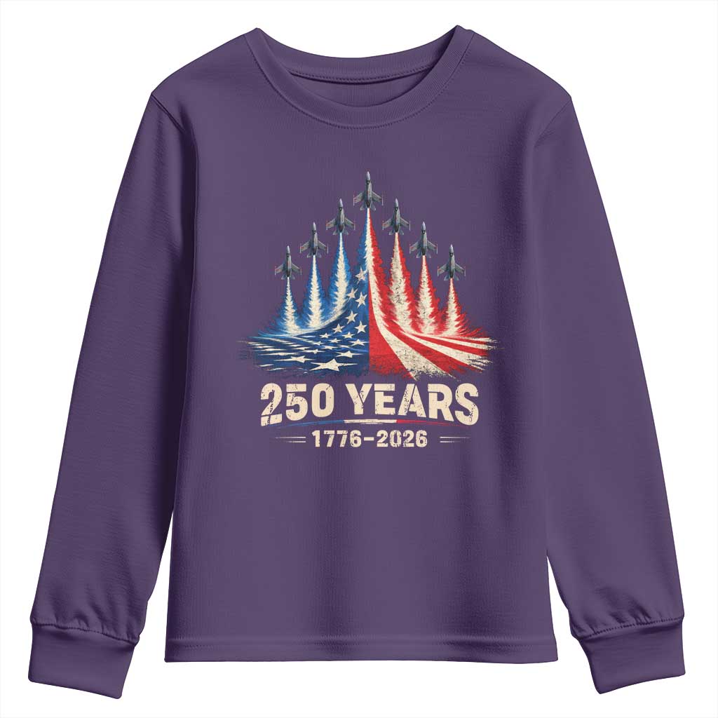250 Years American 1776 2026 Youth Sweatshirt USA 250th Anniversary 4th of July US Flag Jets TS11 Purple Print Your Wear