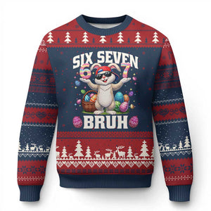 Funny Easter Day Six Seven Bruh Ugly Christmas Sweater 67 Bunny Easter Eggs TS11 Navy Red Print Your Wear