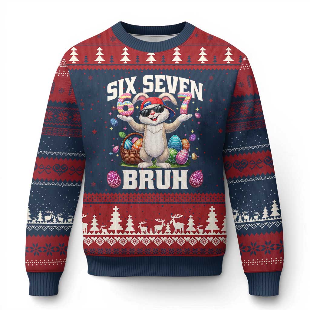 Funny Easter Day Six Seven Bruh Ugly Christmas Sweater 67 Bunny Easter Eggs TS11 Navy Red Print Your Wear