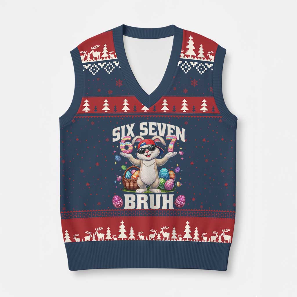 Funny Easter Day Six Seven Bruh V-Neck Knit Sweater Vest 67 Bunny Easter Eggs TS11 Navy Red Print Your Wear