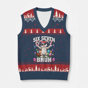 Funny Easter Day Six Seven Bruh V-Neck Knit Sweater Vest 67 Bunny Easter Eggs TS11 Navy Red Print Your Wear