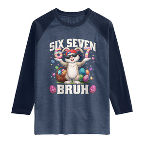 Funny Easter Day Six Seven Bruh Raglan Shirt 67 Bunny Easter Eggs TS11 Heather Denim Navy Print Your Wear