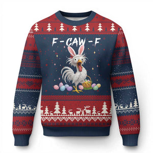 Funny Easter Day F Caw F Chicken Bunny Rooster Meme Ugly Christmas Sweater TS11 Navy Red Print Your Wear