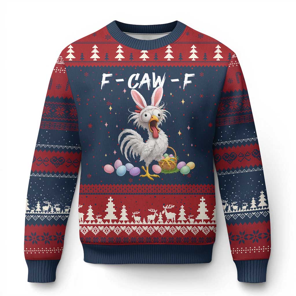 Funny Easter Day F Caw F Chicken Bunny Rooster Meme Ugly Christmas Sweater TS11 Navy Red Print Your Wear