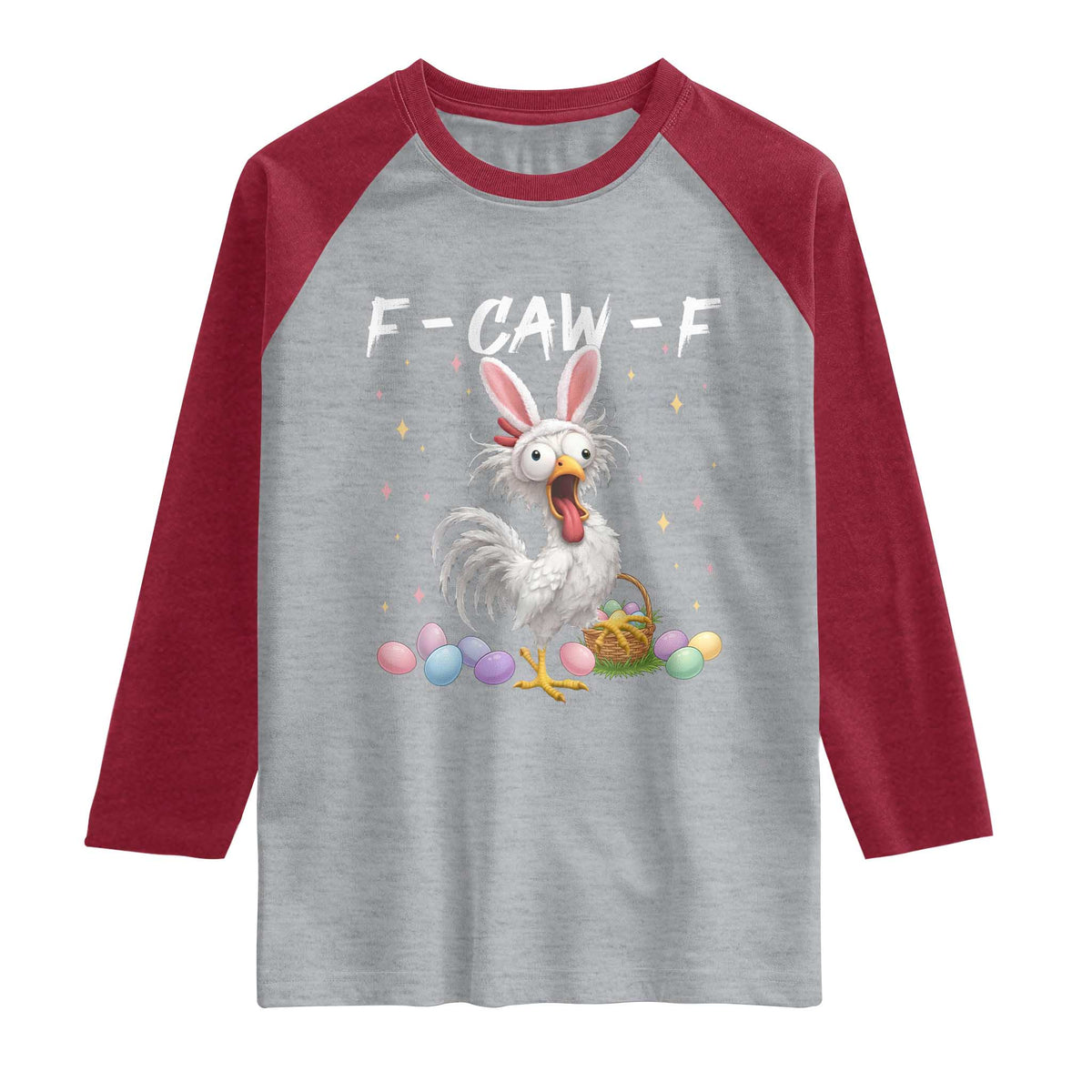 Funny Easter Day F Caw F Chicken Bunny Rooster Meme Raglan Shirt TS11 Heather Gray Heather Red Print Your Wear