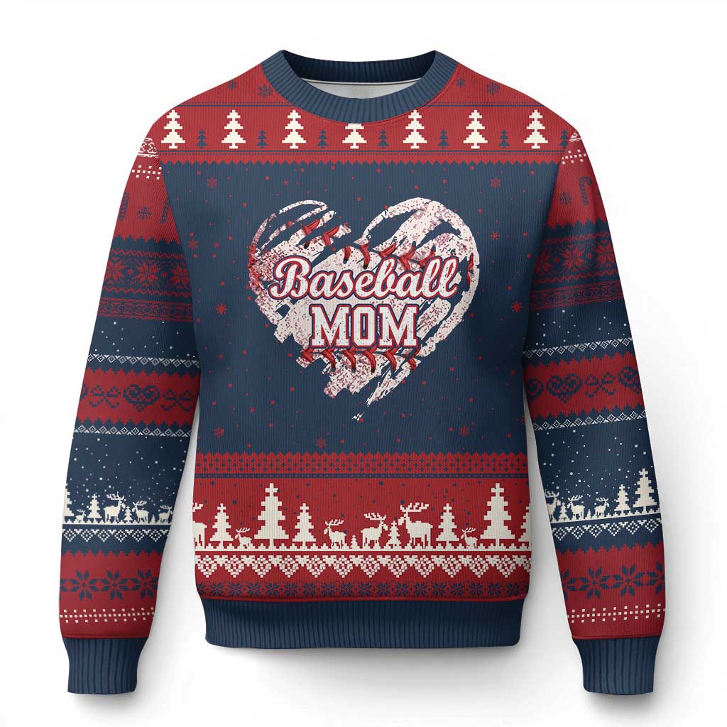 Baseball Mom Ugly Christmas Sweater Baseball Mama Life Game Day Vintage Heart TS11 Navy Red Print Your Wear