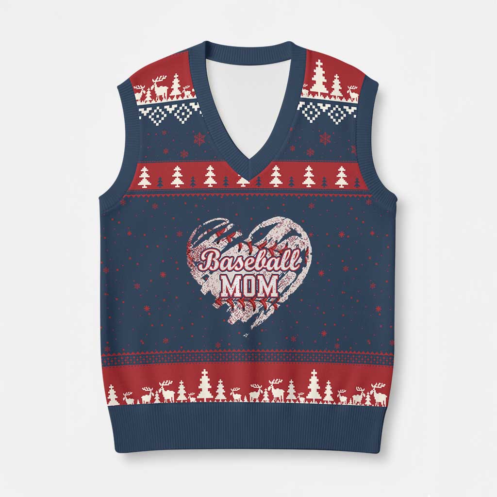 Baseball Mom V-Neck Knit Sweater Vest Baseball Mama Life Game Day Vintage Heart TS11 Navy Red Print Your Wear