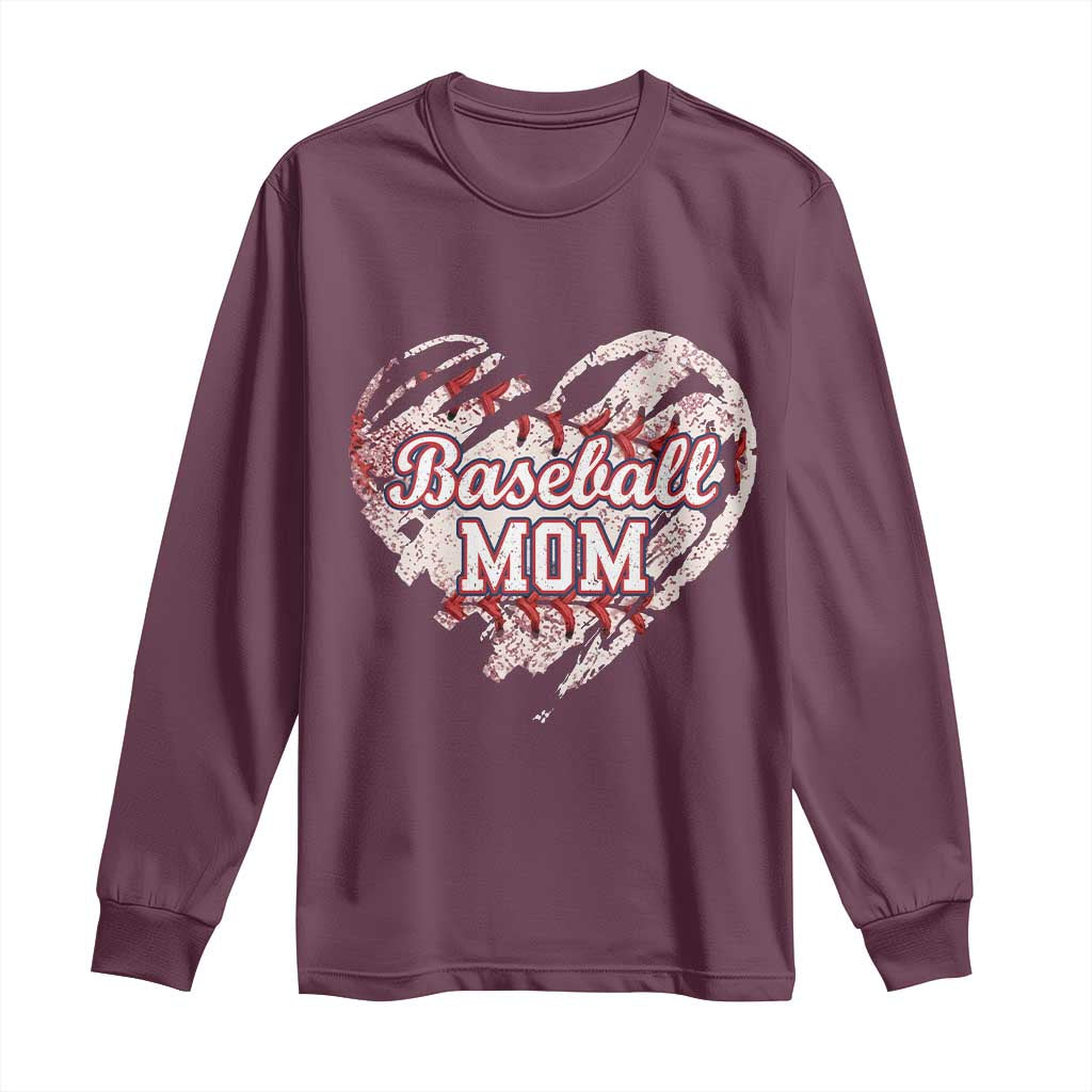 Baseball Mom Long Sleeve Shirt Baseball Mama Life Game Day Vintage Heart TS11 Maroon Print Your Wear