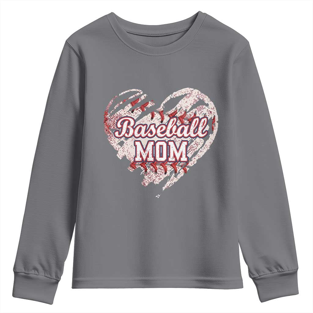 Baseball Mom Youth Sweatshirt Baseball Mama Life Game Day Vintage Heart TS11 Charcoal Print Your Wear